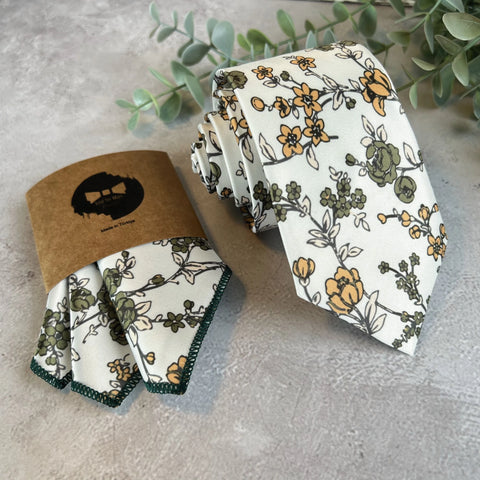 Mustard & Olive Floral Weddning Tie on Ivory, Groom, Groomsmen Necktie