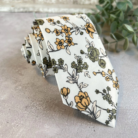 Mustard & Olive Floral Weddning Tie on Ivory, Groom, Groomsmen Necktie