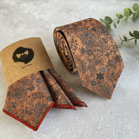 Burnt Orange Floral NeckTie, Unique Handmade Wedding Groom Tie
