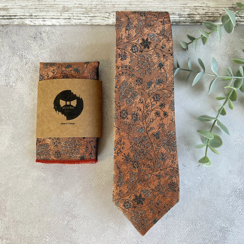 Burnt Orange Floral NeckTie, Unique Handmade Wedding Groom Tie