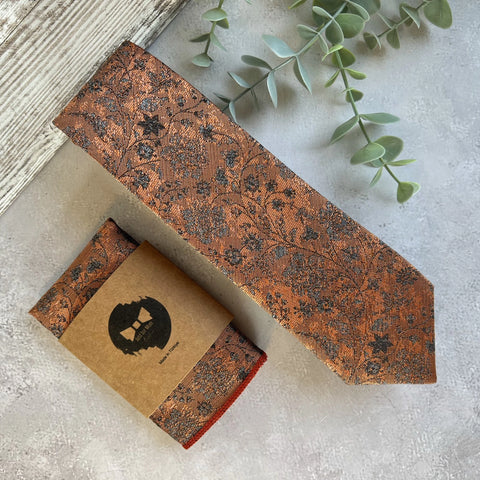 Burnt Orange Floral NeckTie, Unique Handmade Wedding Groom Tie