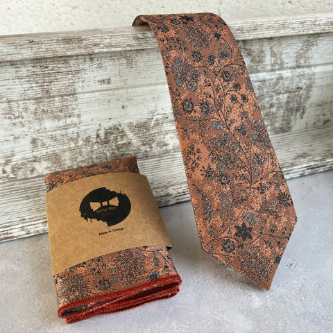 Burnt Orange Floral NeckTie, Unique Handmade Wedding Groom Tie