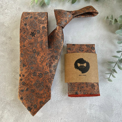 Burnt Orange Floral NeckTie, Unique Handmade Wedding Groom Tie