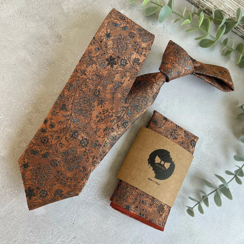 Burnt Orange Floral NeckTie, Unique Handmade Wedding Groom Tie