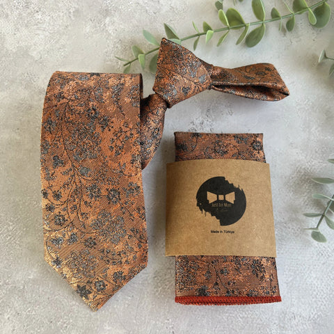 Burnt Orange Floral NeckTie, Unique Handmade Wedding Groom Tie