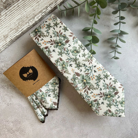 Floral Sage Green Necktie on İvory Background, Wedding Necktie Set