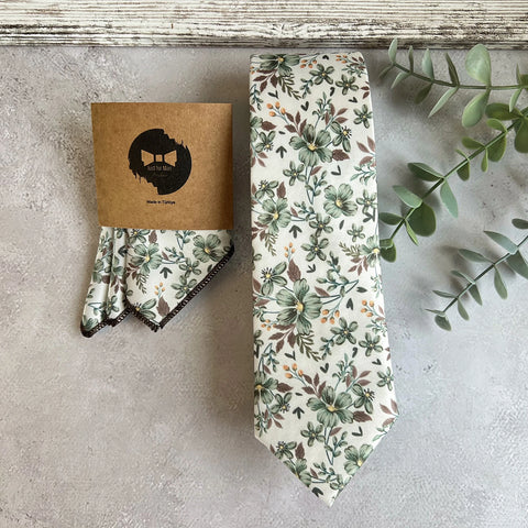 Floral Sage Green Necktie on İvory Background, Wedding Necktie Set