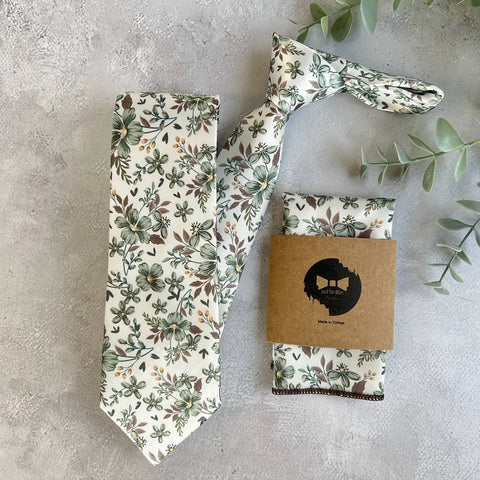 Floral Sage Green Necktie on İvory Background, Wedding Necktie Set