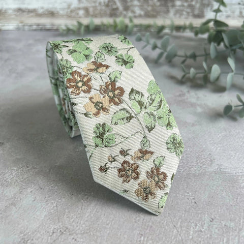 On Cream background Sage Green Woven Floral Tie Set, Boho Wedding Necktie and Accessories