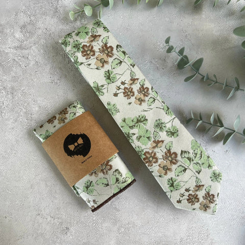 On Cream background Sage Green Woven Floral Tie Set, Boho Wedding Necktie and Accessories