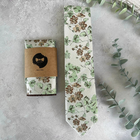 On Cream background Sage Green Woven Floral Tie Set, Boho Wedding Necktie and Accessories