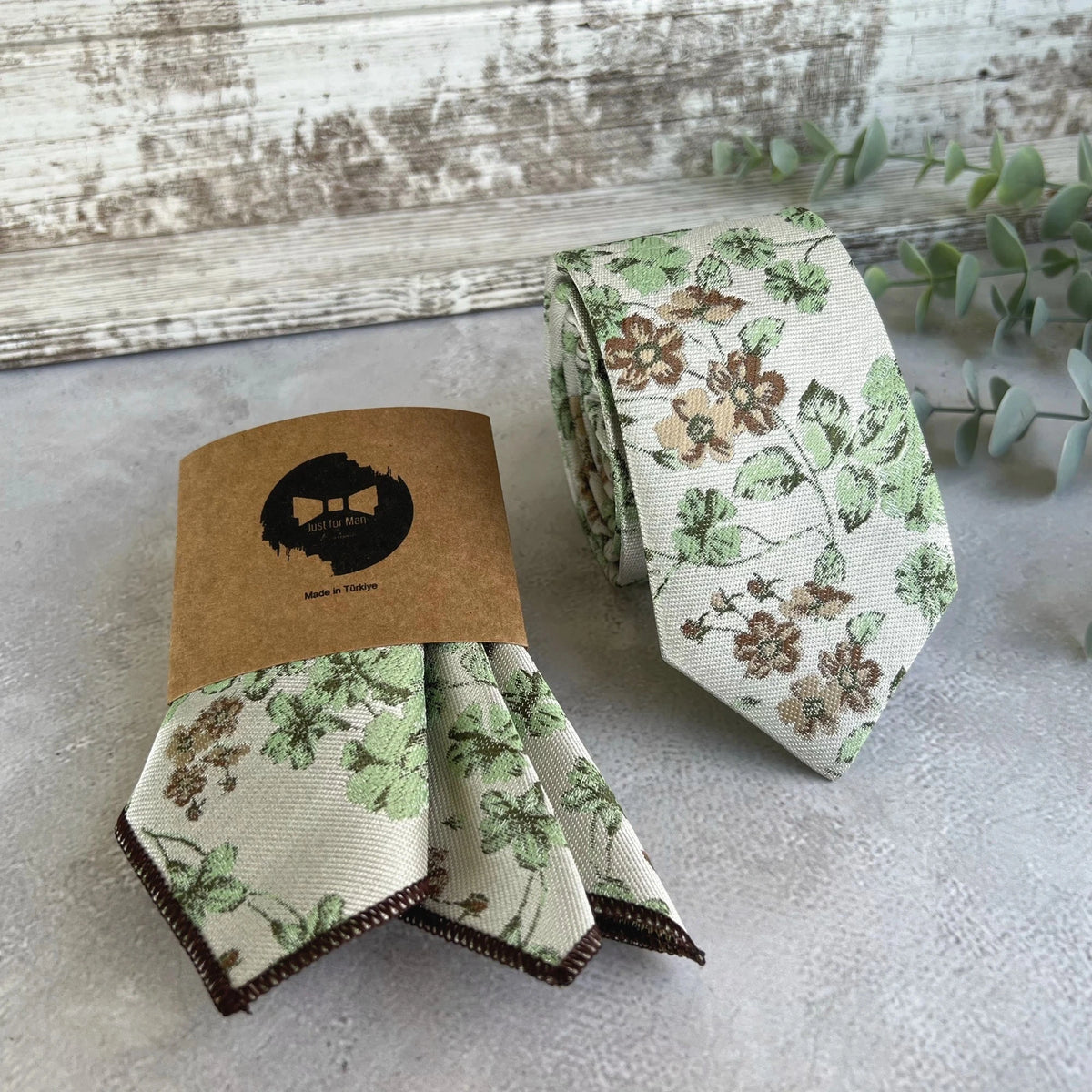 On Cream background Sage Green Woven Floral Tie Set, Boho Wedding Necktie and Accessories