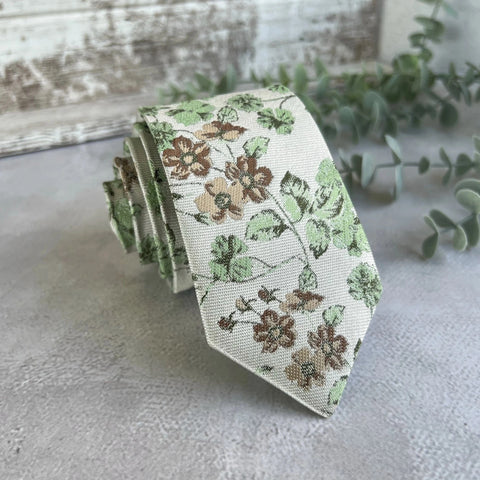 On Cream background Sage Green Woven Floral Tie Set, Boho Wedding Necktie and Accessories