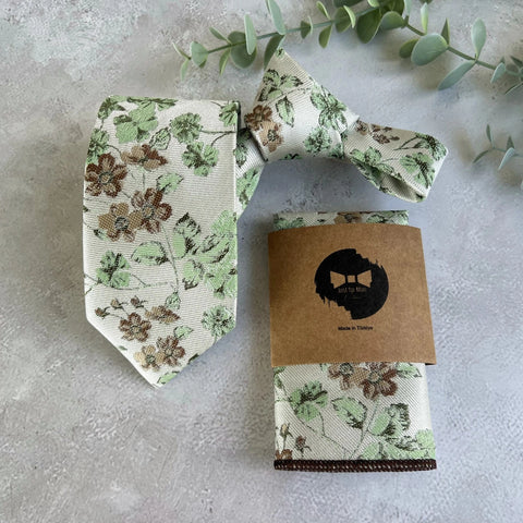 On Cream background Sage Green Woven Floral Tie Set, Boho Wedding Necktie and Accessories