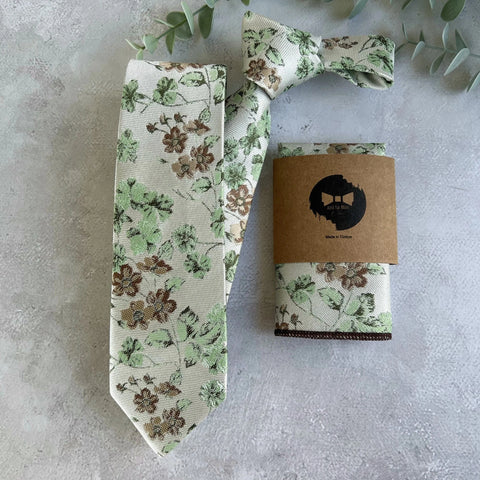 On Cream background Sage Green Woven Floral Tie Set, Boho Wedding Necktie and Accessories