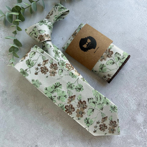 On Cream background Sage Green Woven Floral Tie Set, Boho Wedding Necktie and Accessories