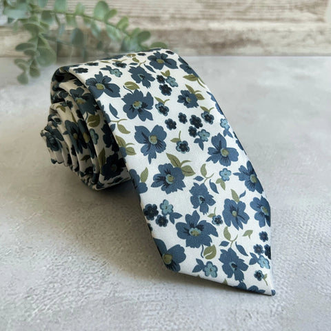 Dusty Blue Floral NeckTie, Ivory Background with Navy & Sage Green Botanical Print Tie