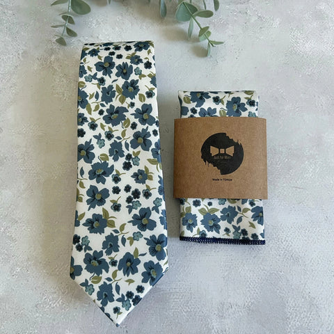 Dusty Blue Floral NeckTie, Ivory Background with Navy & Sage Green Botanical Print Tie