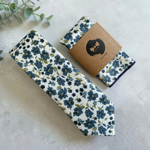 Dusty Blue Floral NeckTie, Ivory Background with Navy & Sage Green Botanical Print Tie