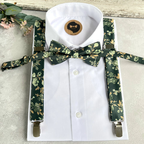 Forest Green Floral Bow Tie and Suspenders Set, Sage Green Wedding Suspenders, Botanical Groomsmen Outfit