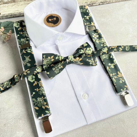 Forest Green Floral Bow Tie and Suspenders Set, Sage Green Wedding Suspenders, Botanical Groomsmen Outfit