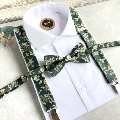 Forest Green Floral Bow Tie and Suspenders Set, Sage Green Wedding Suspenders, Botanical Groomsmen Outfit