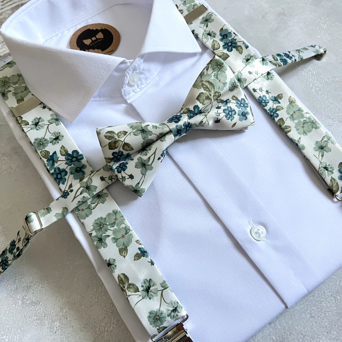 Sage Green Bow Tie and Suspenders Set, Floral Groomsmen Outfit, Boho Garden Wedding, Dusty Teal Mens Set