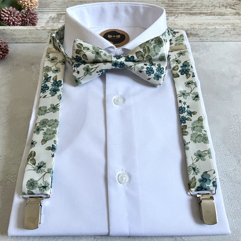 Sage Green Bow Tie and Suspenders Set, Floral Groomsmen Outfit, Boho Garden Wedding, Dusty Teal Mens Set