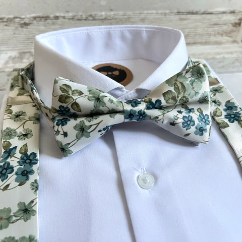 Sage Green Bow Tie and Suspenders Set, Floral Groomsmen Outfit, Boho Garden Wedding, Dusty Teal Mens Set
