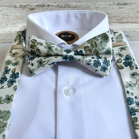 Sage Green Bow Tie and Suspenders Set, Floral Groomsmen Outfit, Boho Garden Wedding, Dusty Teal Mens Set