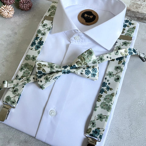 Sage Green Bow Tie and Suspenders Set, Floral Groomsmen Outfit, Boho Garden Wedding, Dusty Teal Mens Set