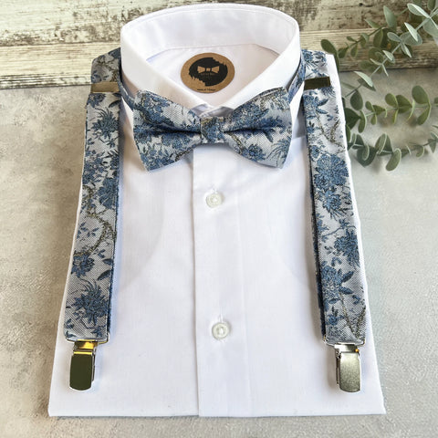 Dusty Blue Floral Bow Tie and Suspenders Set, Woven Wedding Suspenders, Blue Groomsmen Outfit, Rustic Wedding