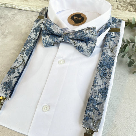 Dusty Blue Floral Bow Tie and Suspenders Set, Woven Wedding Suspenders, Blue Groomsmen Outfit, Rustic Wedding