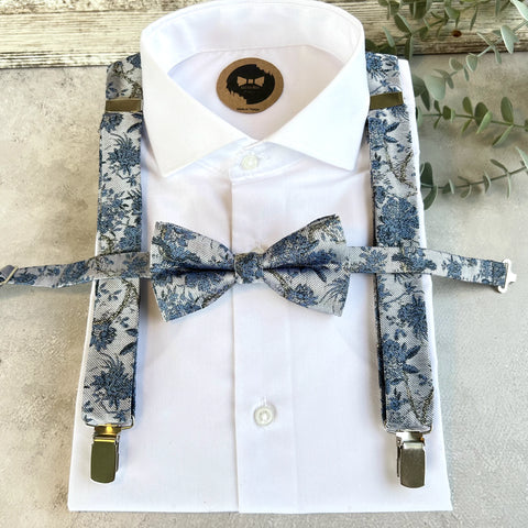 Dusty Blue Floral Bow Tie and Suspenders Set, Woven Wedding Suspenders, Blue Groomsmen Outfit, Rustic Wedding