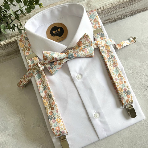 Pastel Floral Suspenders and Bow Tie Set for Wedding, Colorful Groomsmen Suspenders
