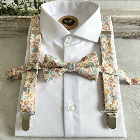 Pastel Floral Suspenders and Bow Tie Set for Wedding, Colorful Groomsmen Suspenders
