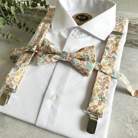 Pastel Floral Suspenders and Bow Tie Set for Wedding, Colorful Groomsmen Suspenders