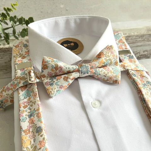Pastel Floral Suspenders and Bow Tie Set for Wedding, Colorful Groomsmen Suspenders