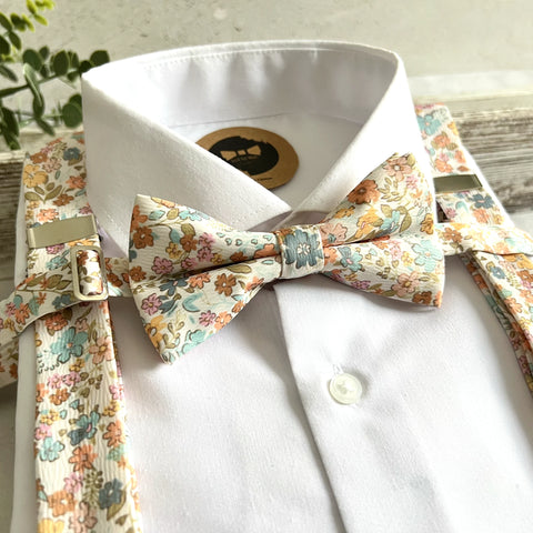 Pastel Floral Suspenders and Bow Tie Set for Wedding, Colorful Groomsmen Suspenders