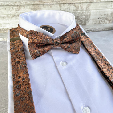 Burnt Orange Floral Bow Tie and Suspenders Set, Brown Woven Wedding Suspenders, Rustic Groomsmen Outfit