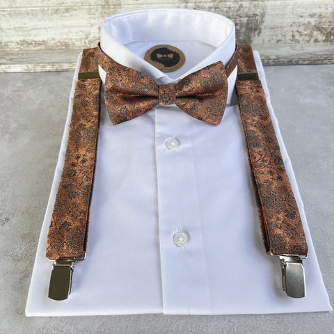 Burnt Orange Floral Bow Tie and Suspenders Set, Brown Woven Wedding Suspenders, Rustic Groomsmen Outfit