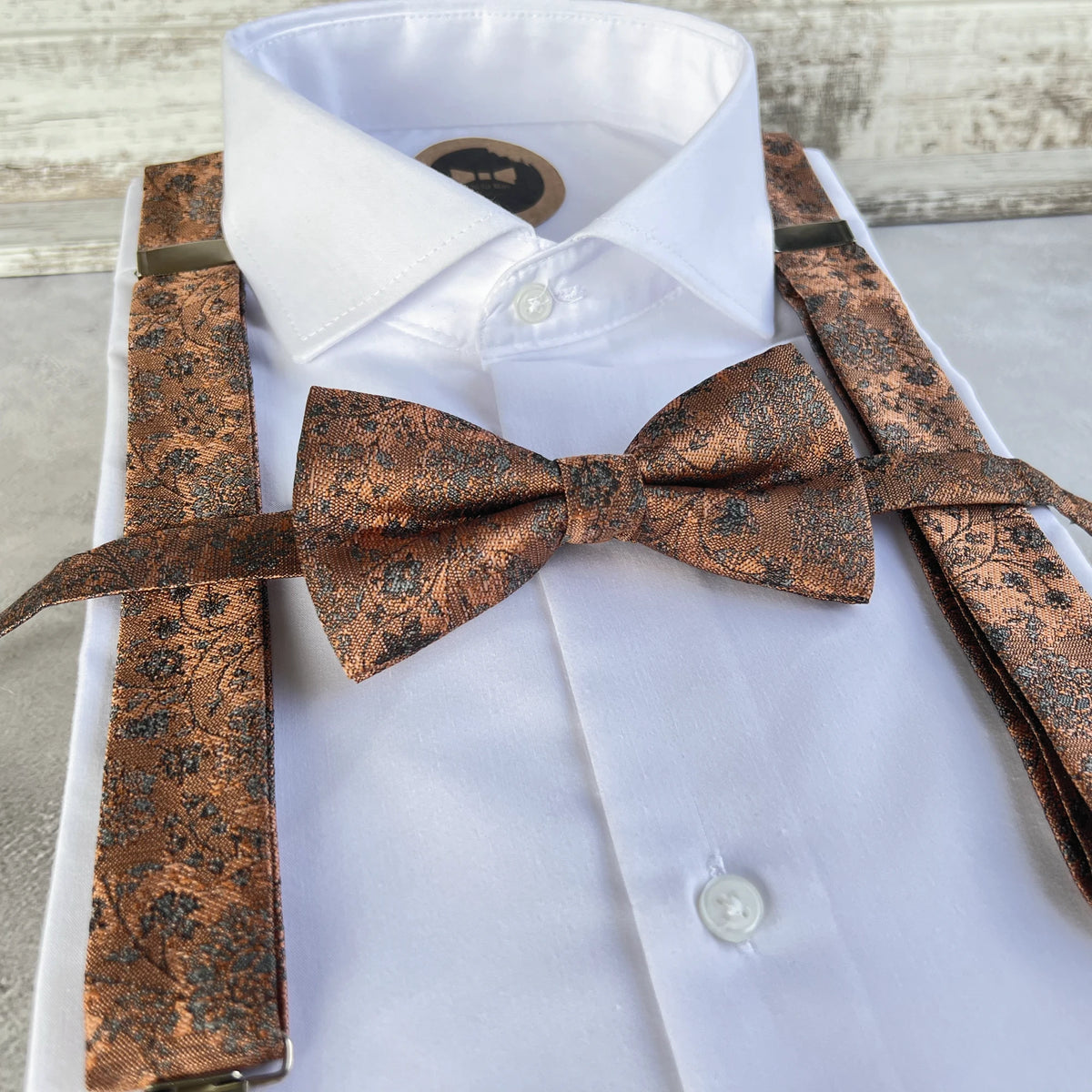 Burnt Orange Floral Bow Tie and Suspenders Set, Brown Woven Wedding Suspenders, Rustic Groomsmen Outfit