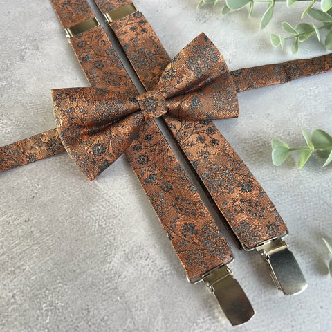 Burnt Orange Floral Bow Tie and Suspenders Set, Brown Woven Wedding Suspenders, Rustic Groomsmen Outfit