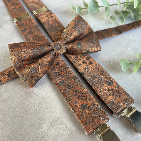 Burnt Orange Floral Bow Tie and Suspenders Set, Brown Woven Wedding Suspenders, Rustic Groomsmen Outfit
