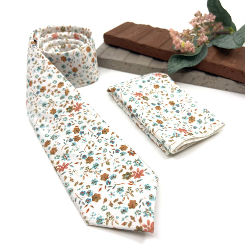 Ivory Floral Tie Set, Mens Wedding Necktie and Pocket Square, Boho Groomsmen Tie, Rustic Cream Floral Necktie