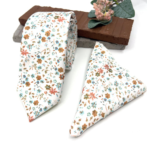 Ivory Floral Tie Set, Mens Wedding Necktie and Pocket Square, Boho Groomsmen Tie, Rustic Cream Floral Necktie